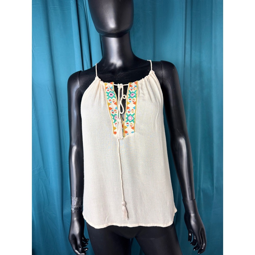 Z&L Europe Embroidered Boho Halter Top Cream Viscose Tassel Tie Size M